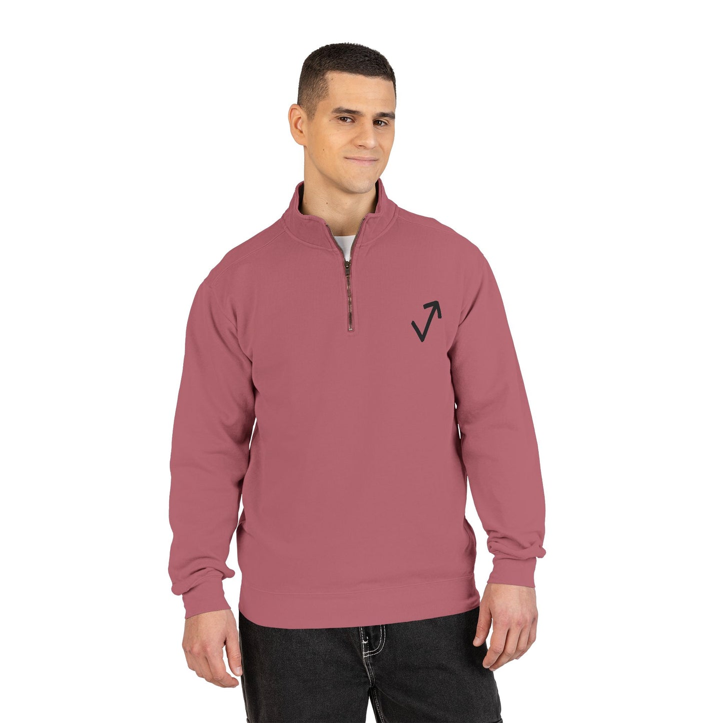 Quarter-Zip Sweatshirt — Minimal Arrow Logo & “Above The Mark” Back Print