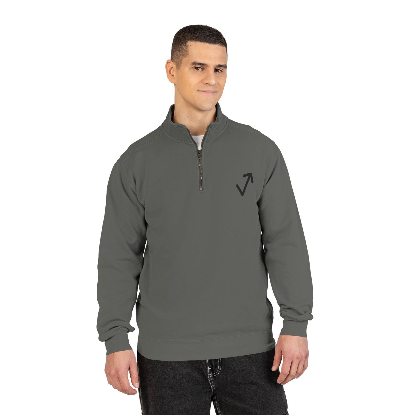Quarter-Zip Sweatshirt — Minimal Arrow Logo & “Above The Mark” Back Print