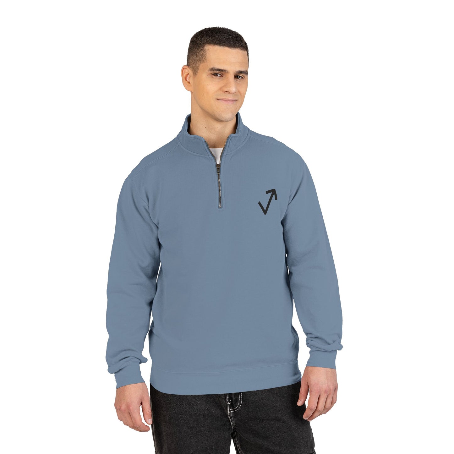 Quarter-Zip Sweatshirt — Minimal Arrow Logo & “Above The Mark” Back Print